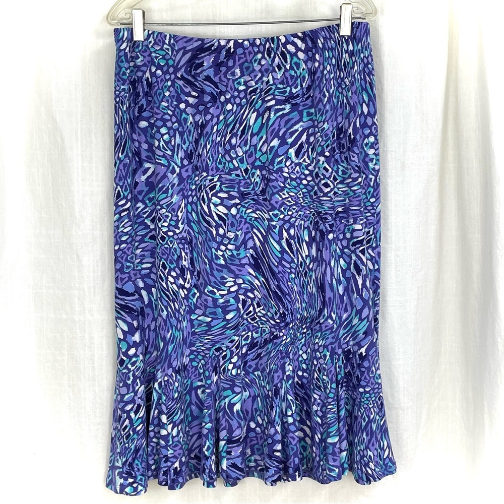 TANJAY Abstract Print Godet or Trumpet Style Skirt purples cyan white vintage?